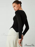 Asymmetric Hem Contrast Trendy Trim Long Sleeve Shirt