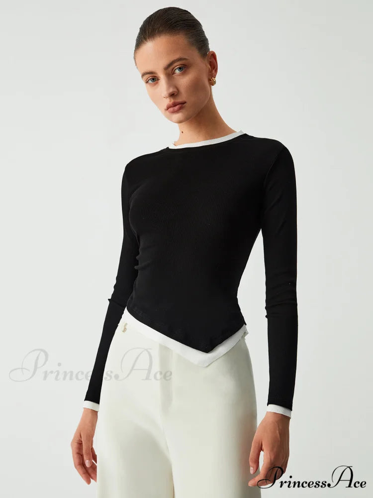 Asymmetric Hem Contrast Trendy Trim Long Sleeve Shirt