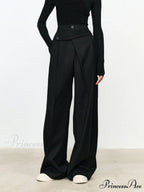 Asymmetric Layer Button Trendy Straight Leg Dress Pants