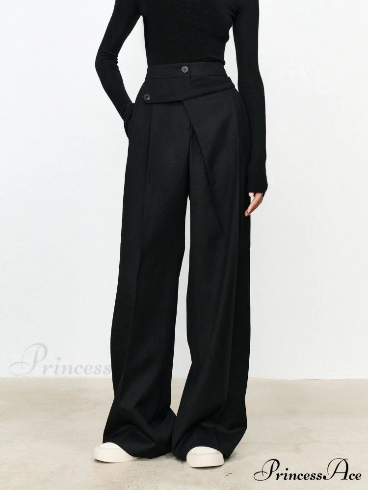 Asymmetric Layer Button Trendy Straight Leg Dress Pants
