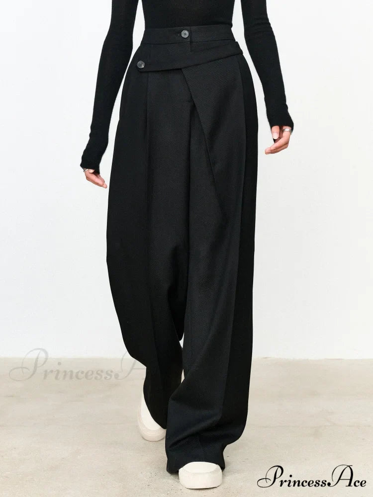 Asymmetric Layer Button Trendy Straight Leg Dress Pants