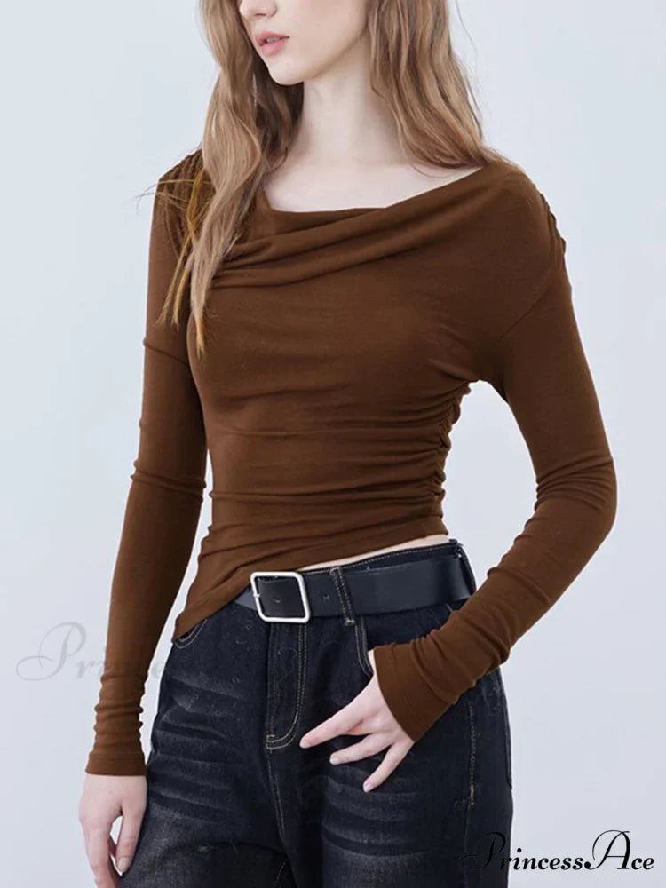 Asymmetric Neckline Ruched Trendy Long Sleeve Shirt