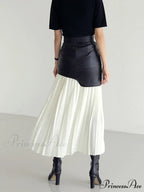 Asymmetric Patchwork Faux Leather Modern Chiffon Pleated Midi Skirt