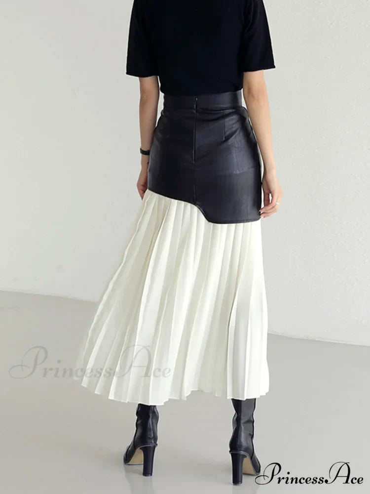 Asymmetric Patchwork Faux Leather Modern Chiffon Pleated Midi Skirt