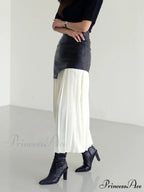 Asymmetric Patchwork Faux Leather Modern Chiffon Pleated Midi Skirt