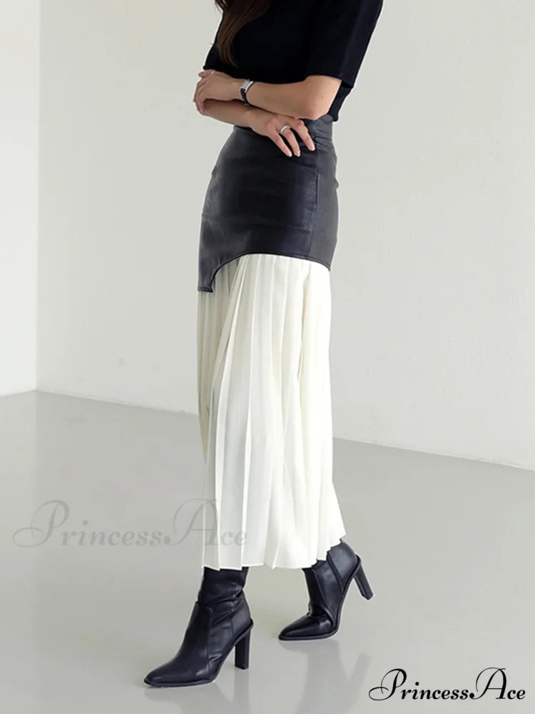 Asymmetric Patchwork Faux Leather Modern Chiffon Pleated Midi Skirt