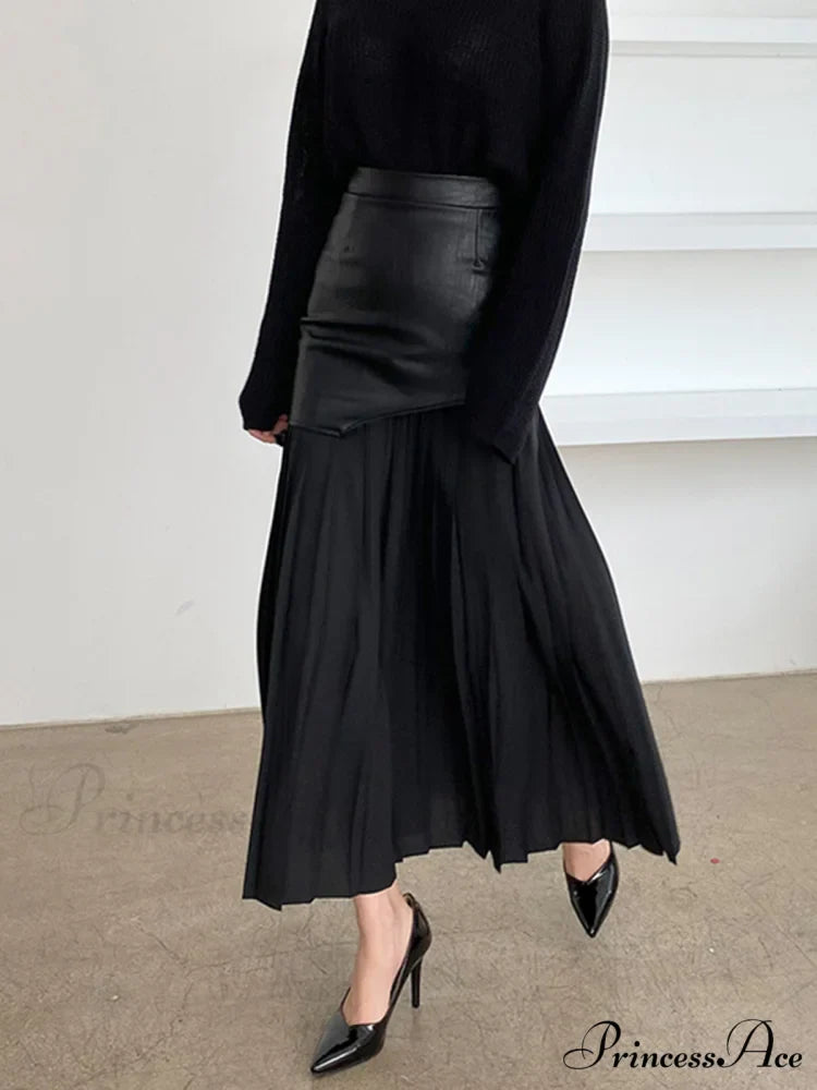 Asymmetric Patchwork Faux Leather Modern Chiffon Pleated Midi Skirt