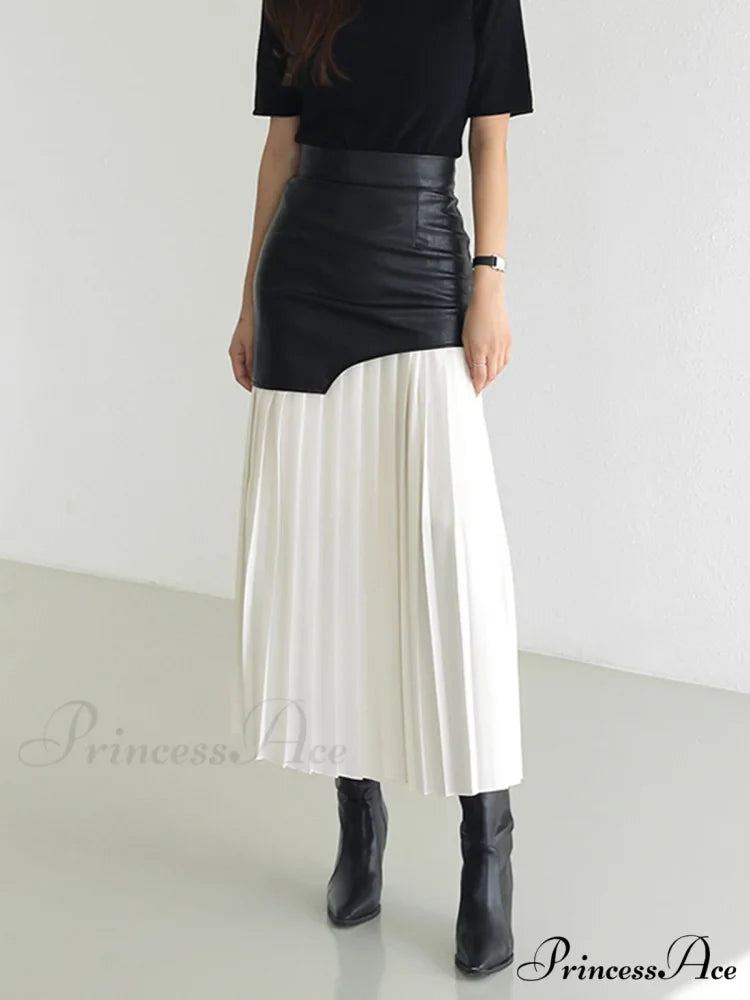 Asymmetric Patchwork Faux Leather Modern Chiffon Pleated Midi Skirt