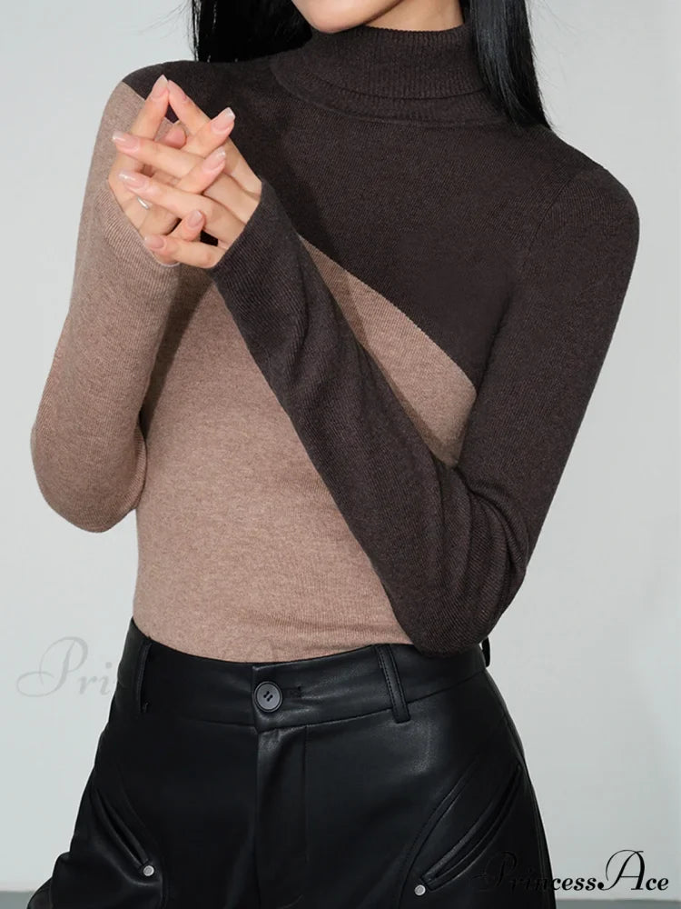 Asymmetric Patchwork Long Sleeve Modern Mock Neck Knit Top