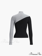 Asymmetric Patchwork Long Sleeve Modern Mock Neck Knit Top