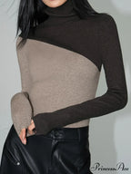 Asymmetric Patchwork Long Sleeve Modern Mock Neck Knit Top