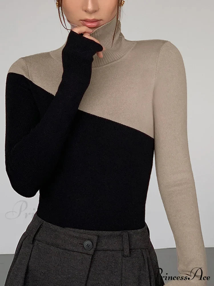 Asymmetric Patchwork Long Sleeve Modern Mock Neck Knit Top