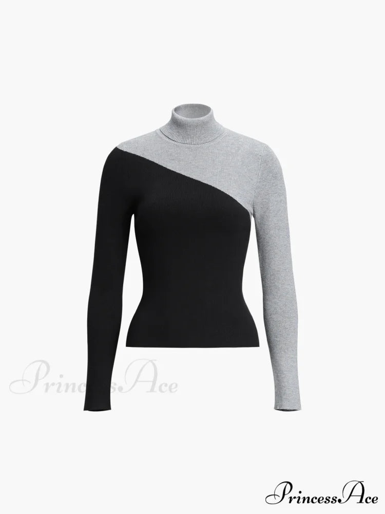 Asymmetric Patchwork Long Sleeve Modern Mock Neck Knit Top