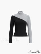 Asymmetric Patchwork Long Sleeve Modern Mock Neck Knit Top