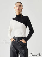 Asymmetric Patchwork Long Sleeve Modern Mock Neck Knit Top