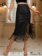 Asymmetric Satin Fringe Trendy Trim Ruched Midi Skirts