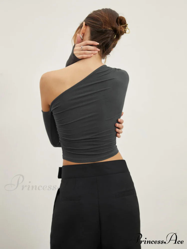 Asymmetric Sleeve Graceful Ruched Crop Shirt