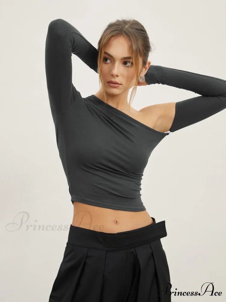 Asymmetric Sleeve Graceful Ruched Crop Shirt