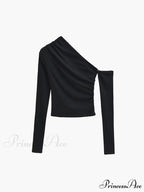 Asymmetric Sleeve Graceful Ruched Crop Shirt