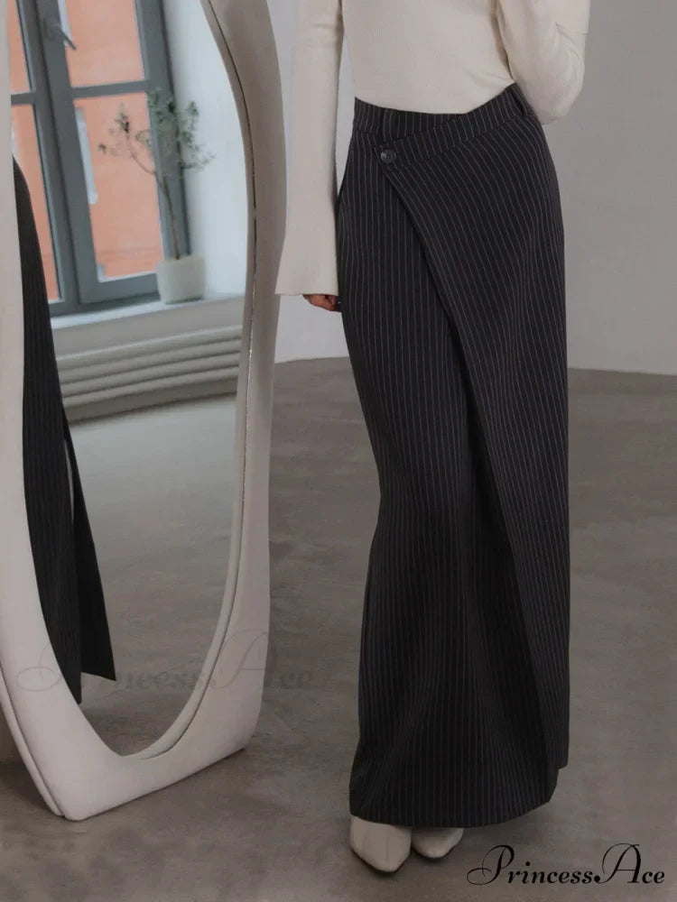 Asymmetric Slit Graceful Striped Long Skirt