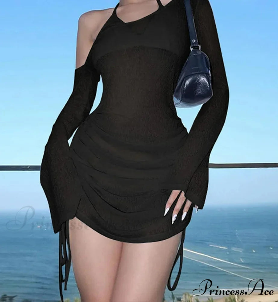 Asymmetrical Neckline Cinched Waist Mini Dress