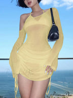 Asymmetrical Neckline Cinched Waist Mini Dress