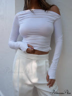 Asymmetrical Off Shoulder Trendy Long Sleeve Shirt