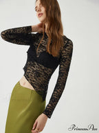 Asymmetrical Sheer Lace Trendy Long Sleeve Top