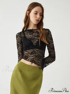 Asymmetrical Sheer Lace Trendy Long Sleeve Top