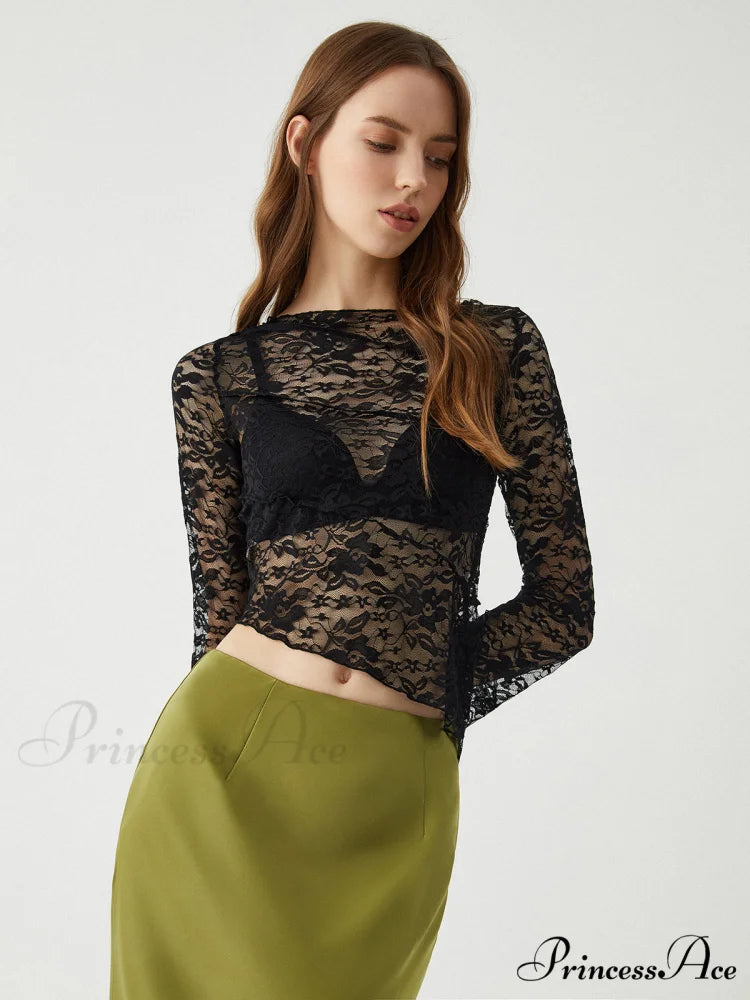 Asymmetrical Sheer Lace Trendy Long Sleeve Top