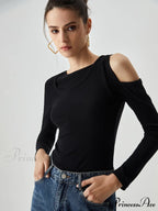 Asymmetrical Shoulder Cut Out Modern Long Sleeve Solid Top