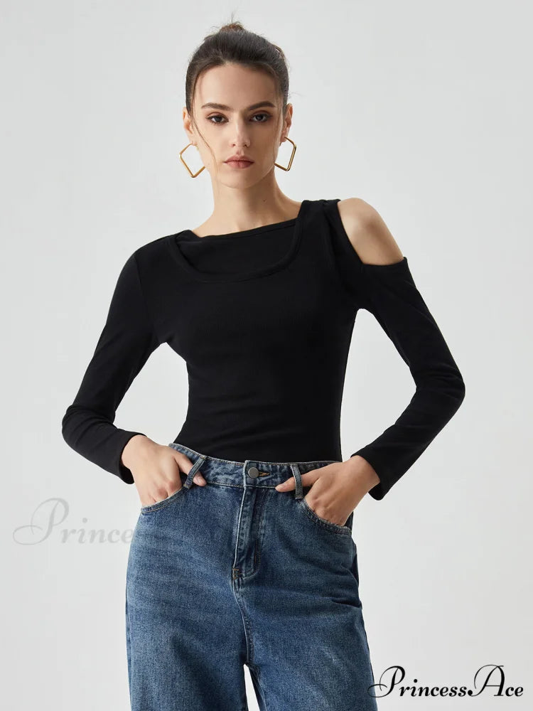 Asymmetrical Shoulder Cut Out Modern Long Sleeve Solid Top
