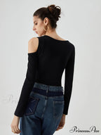 Asymmetrical Shoulder Cut Out Modern Long Sleeve Solid Top