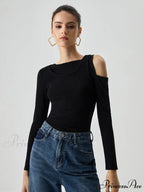 Asymmetrical Shoulder Cut Out Modern Long Sleeve Solid Top