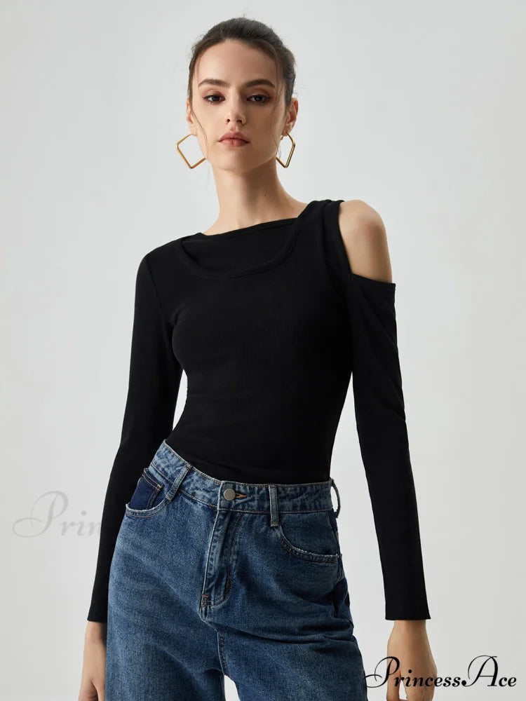 Asymmetrical Shoulder Cut Out Modern Long Sleeve Solid Top