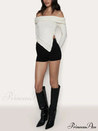 Asymmetrical Split Off Shoulder Modern Floral Cable Knit Top