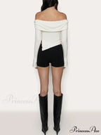 Asymmetrical Split Off Shoulder Modern Floral Cable Knit Top