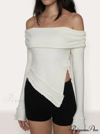 Asymmetrical Split Off Shoulder Modern Floral Cable Knit Top