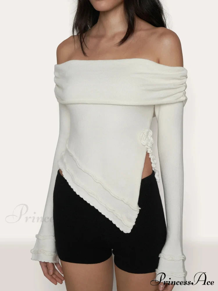 Asymmetrical Split Off Shoulder Modern Floral Cable Knit Top