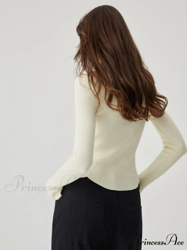 Asymmetrical Split Square Neck Modern Long Sleeve Knit Top