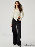 Asymmetrical Split Square Neck Modern Long Sleeve Knit Top