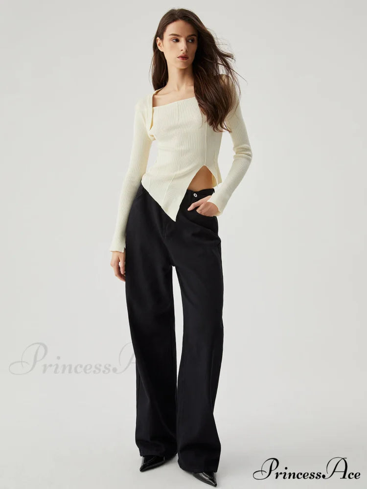 Asymmetrical Split Square Neck Modern Long Sleeve Knit Top