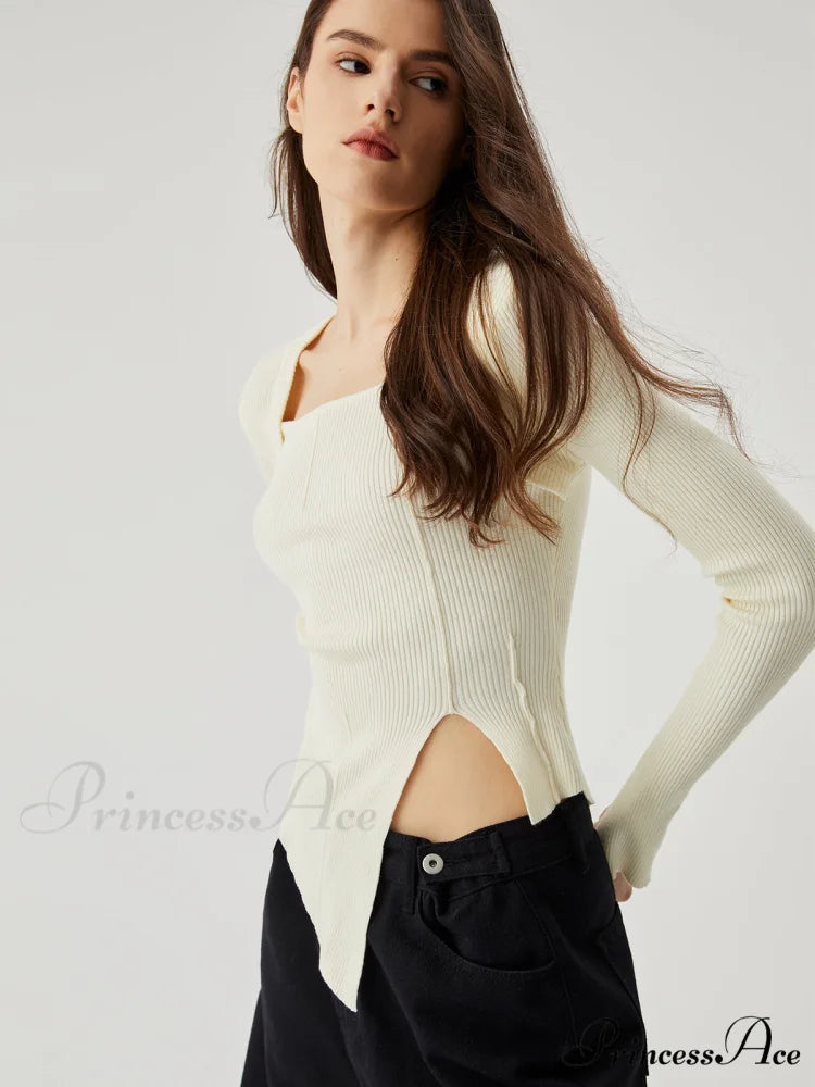 Asymmetrical Split Square Neck Modern Long Sleeve Knit Top