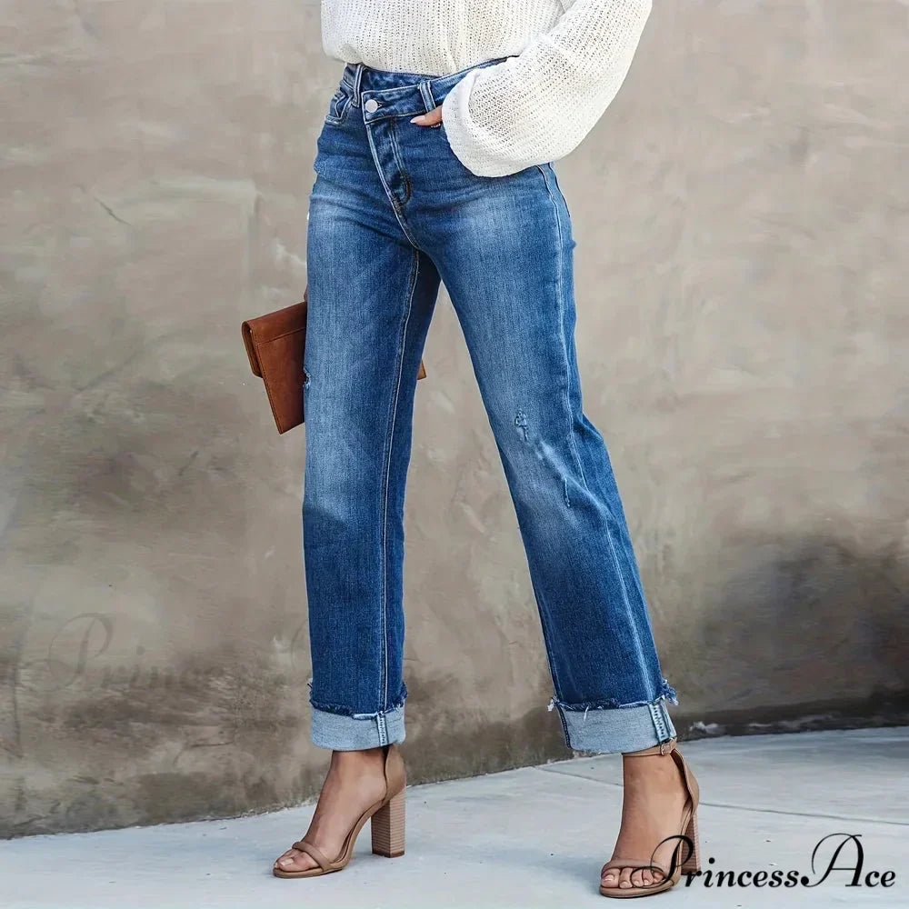 Asymmetrical Waist Casual Straight Loose Fit Rolled Hem Denim Jean