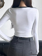 Athletic Different Color Cropped O-Neck Long Sleeve Knit Top