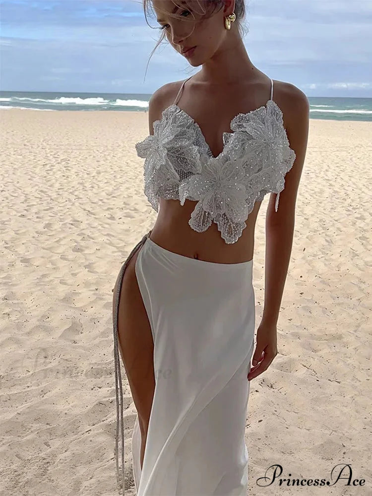 Attractive 2 Piece Sparkling Blossom Applique Split Floral Dress