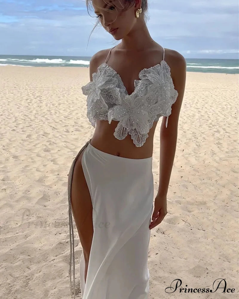 Attractive 2 Piece Sparkling Blossom Applique Split Floral Dress