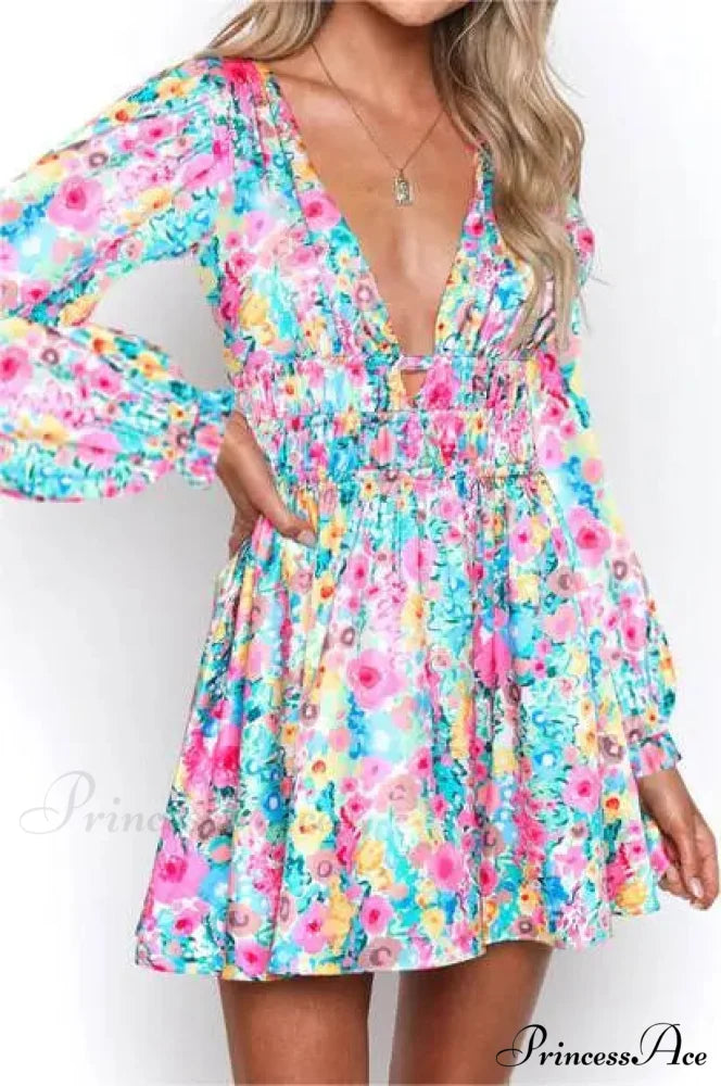 Attractive Backless Plunging Neckline Flower Pattern Mini Floral Dress