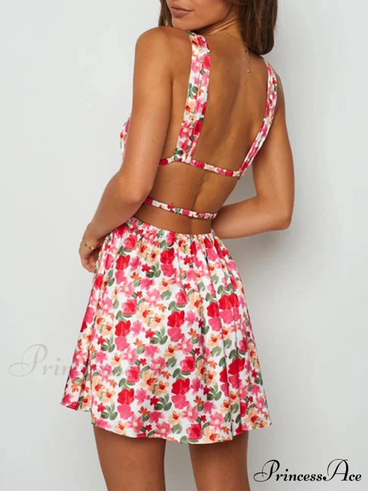 Attractive Backless Plunging Neckline Flower Pattern Mini Floral Dress