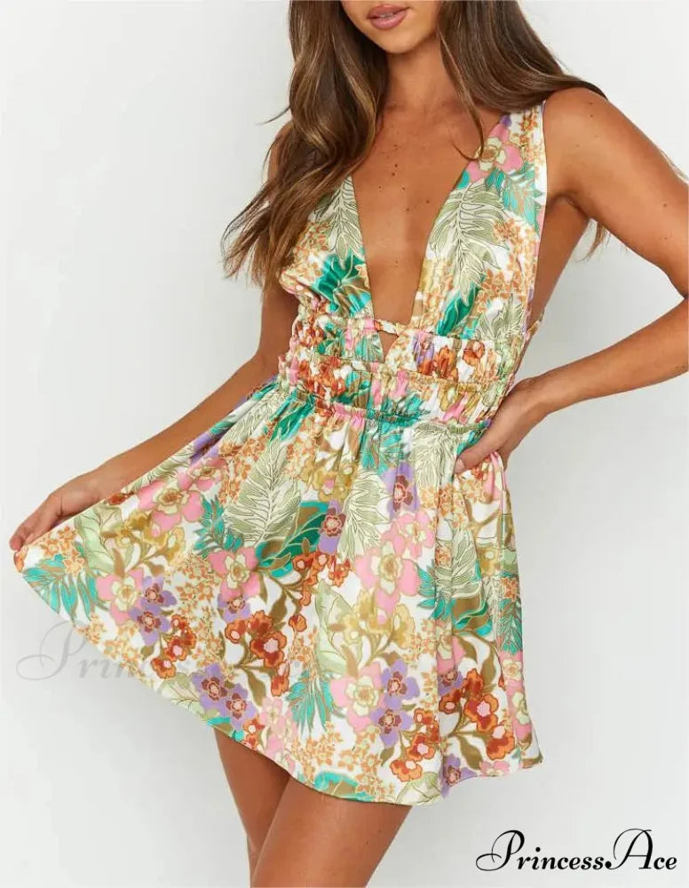 Attractive Backless Plunging Neckline Flower Pattern Mini Floral Dress